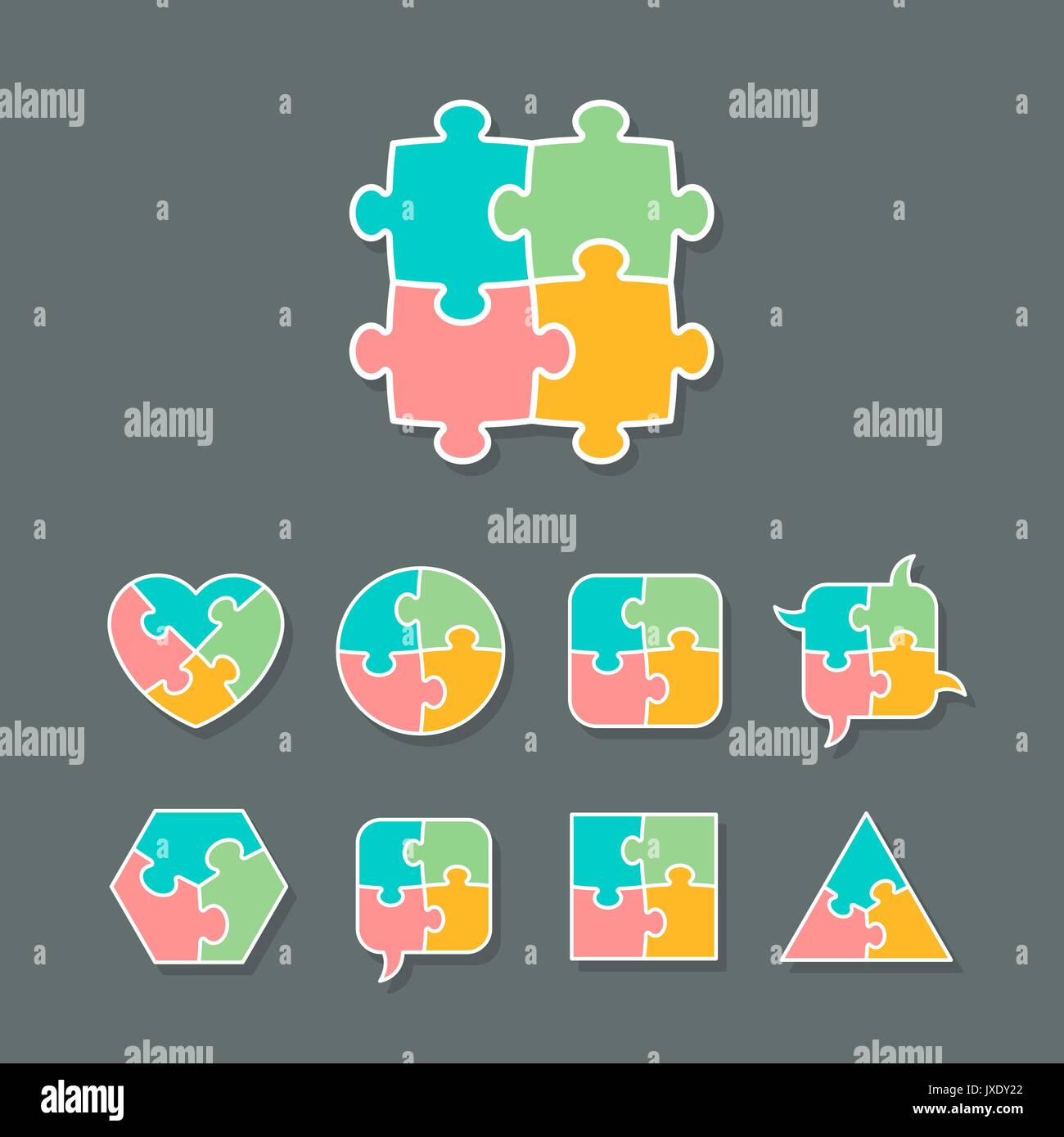 Set di forme differenti fatte di Jigsaw Puzzle pezzi, gli elementi di design per il tuo logo o icona, illustrazione vettoriale Illustrazione Vettoriale