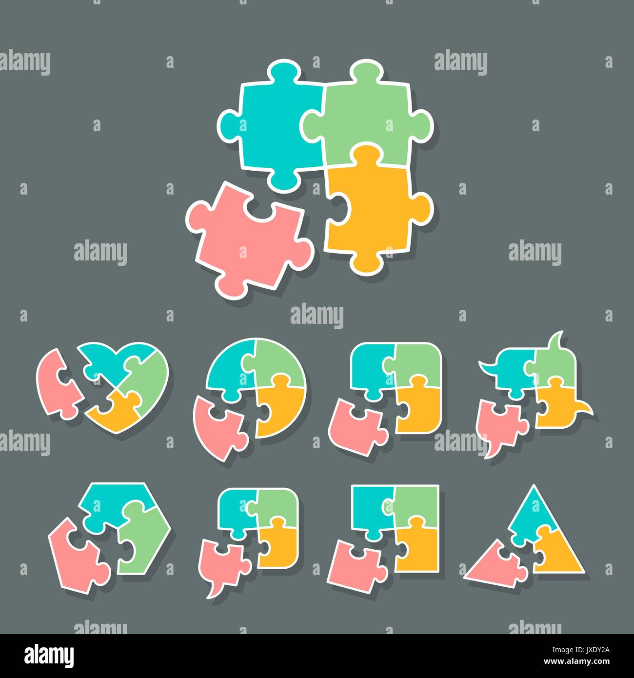 Set di forme differenti fatte di Jigsaw Puzzle pezzi, gli elementi di design per il tuo logo o icona, illustrazione vettoriale Illustrazione Vettoriale