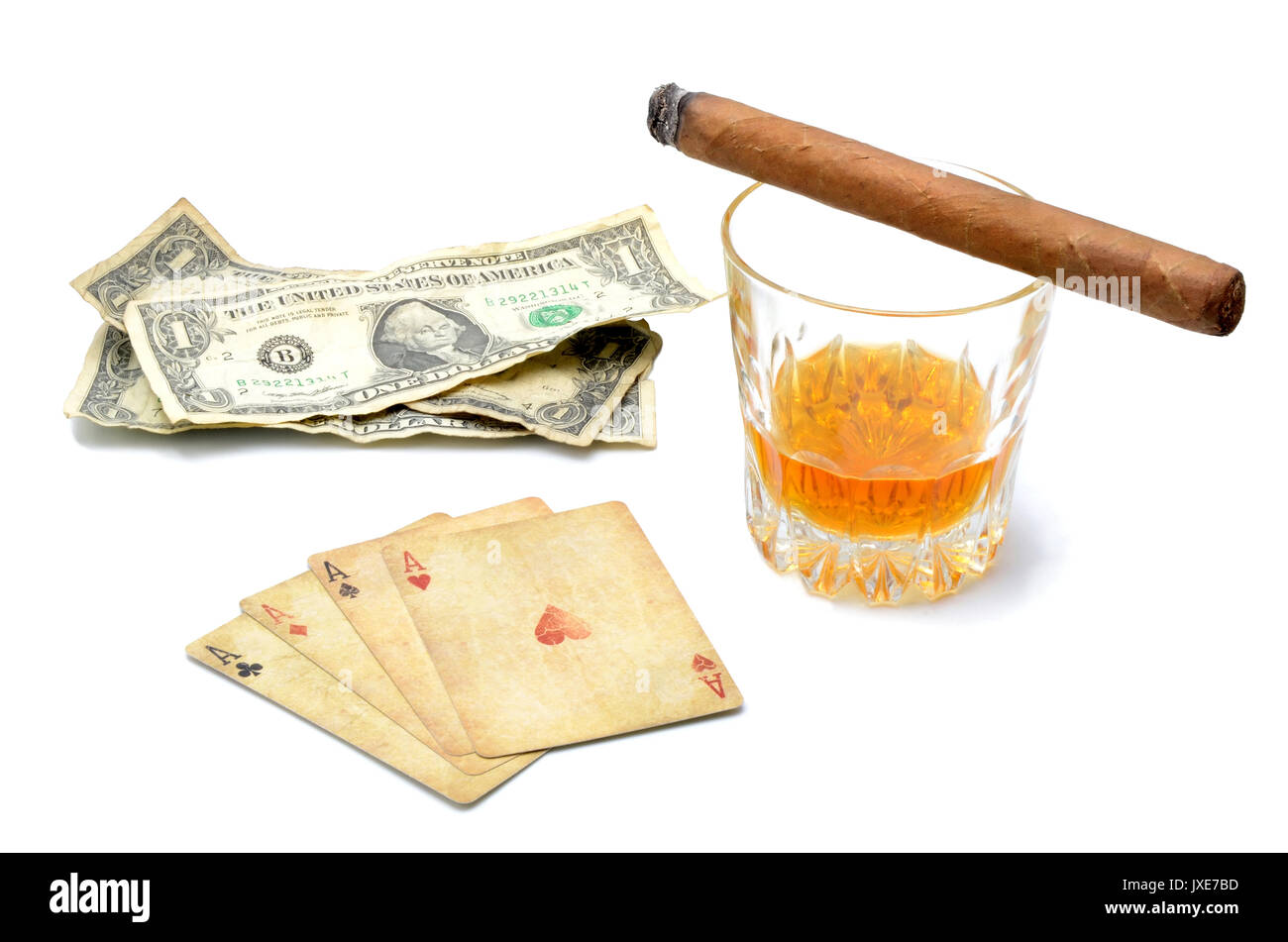 Money Poker Whiskey scenario Foto Stock