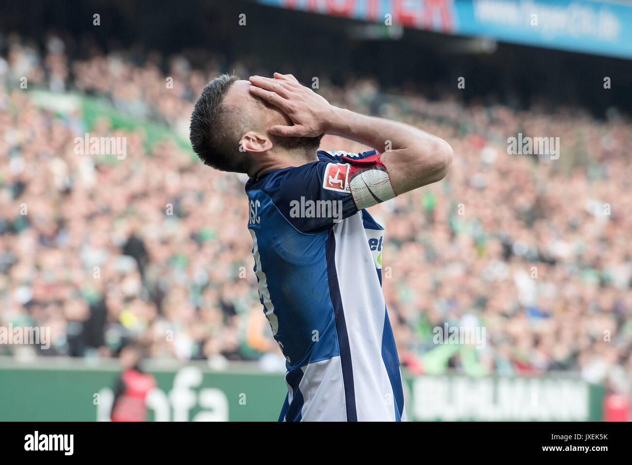 Brema, Deutschland. 07 feb 2016. Fassungslos: Vedad IBISEVIC (B); Enttaeuschung (Enttauschung), Frust, Fassungslosigkeit, Verlierer, Niederlage; Fussball 1. Bundesliga, 31. Spieltag, SV Werder Bremen (HB) - Hertha BSC Berlino (B) 2:0, am 29.04.2017 in Bremen/Deutschland. | Verwendung weltweit Credito: dpa/Alamy Live News Foto Stock