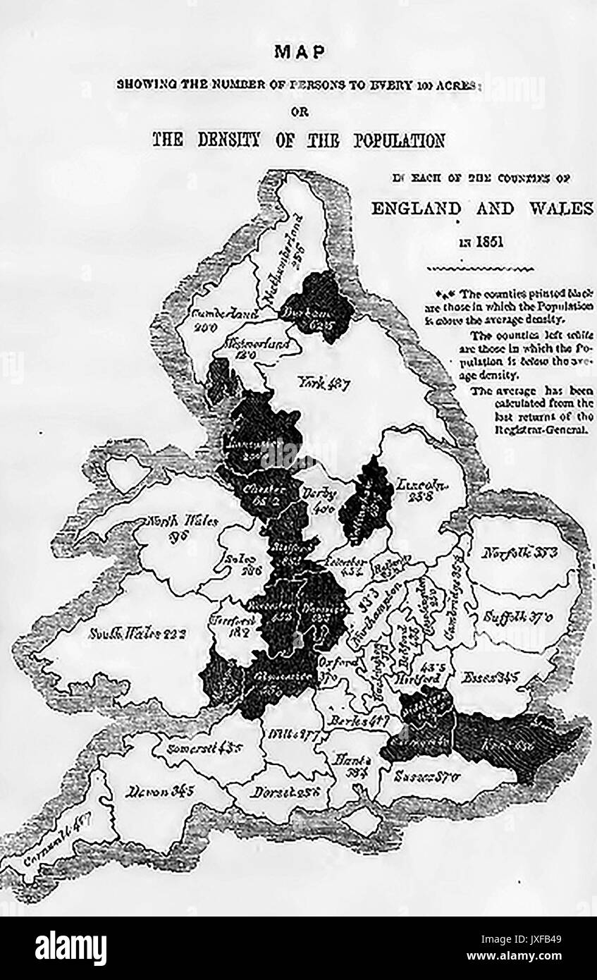 Mappa vittoriano (c1860) che mostra le statistiche a livello nazionale per ogni contea - Densità di popolazione Foto Stock