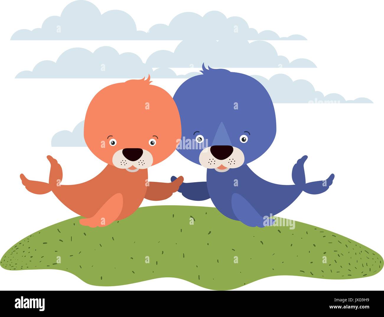 Sfondo bianco con colore scena giovane carino guarnizioni animali acquatici in erba Illustrazione Vettoriale