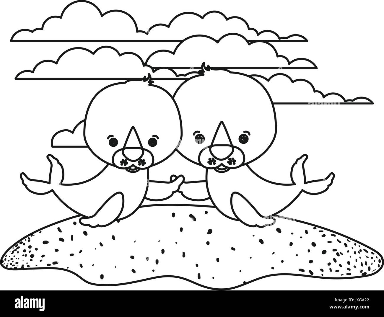 Sfondo bianco con silhouette scena giovane carino guarnizioni animali acquatici in erba Illustrazione Vettoriale