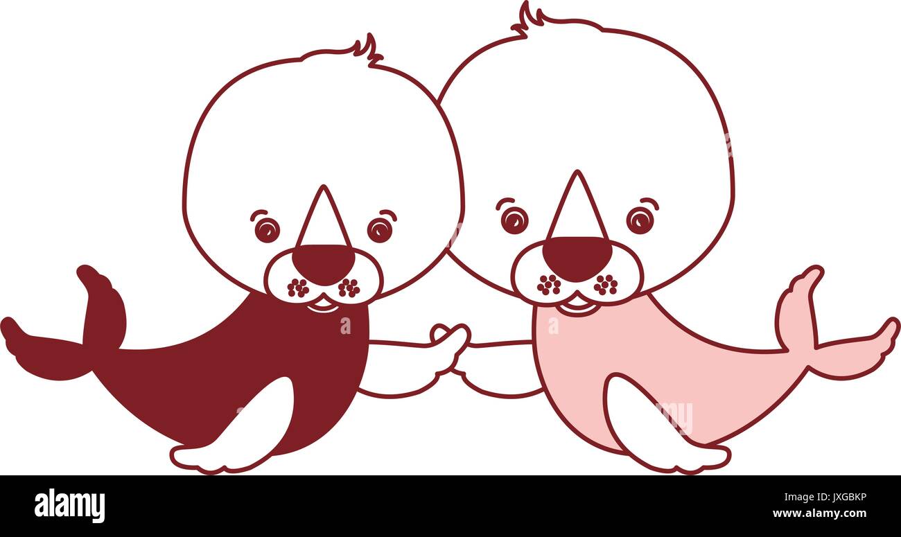 Sfondo bianco con colore rosso silhouette sezioni della caricatura giovane graziosi animali acquatici delle guarnizioni Illustrazione Vettoriale