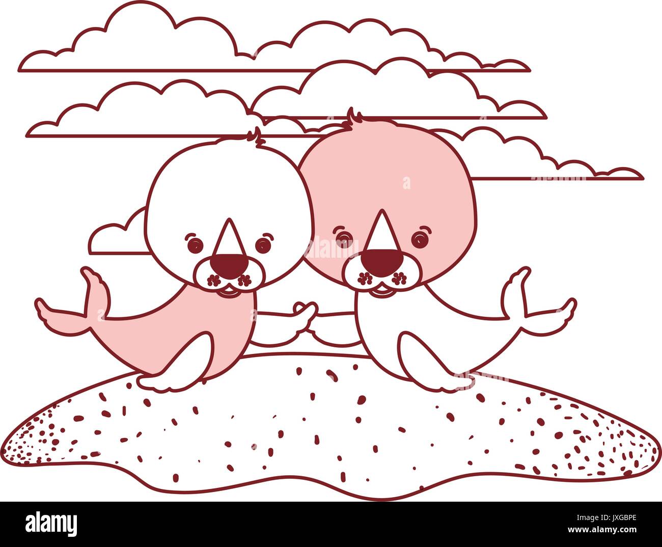 Sfondo bianco con colore rosso silhouette sezioni della scena giovane carino guarnizioni animali acquatici in erba Illustrazione Vettoriale