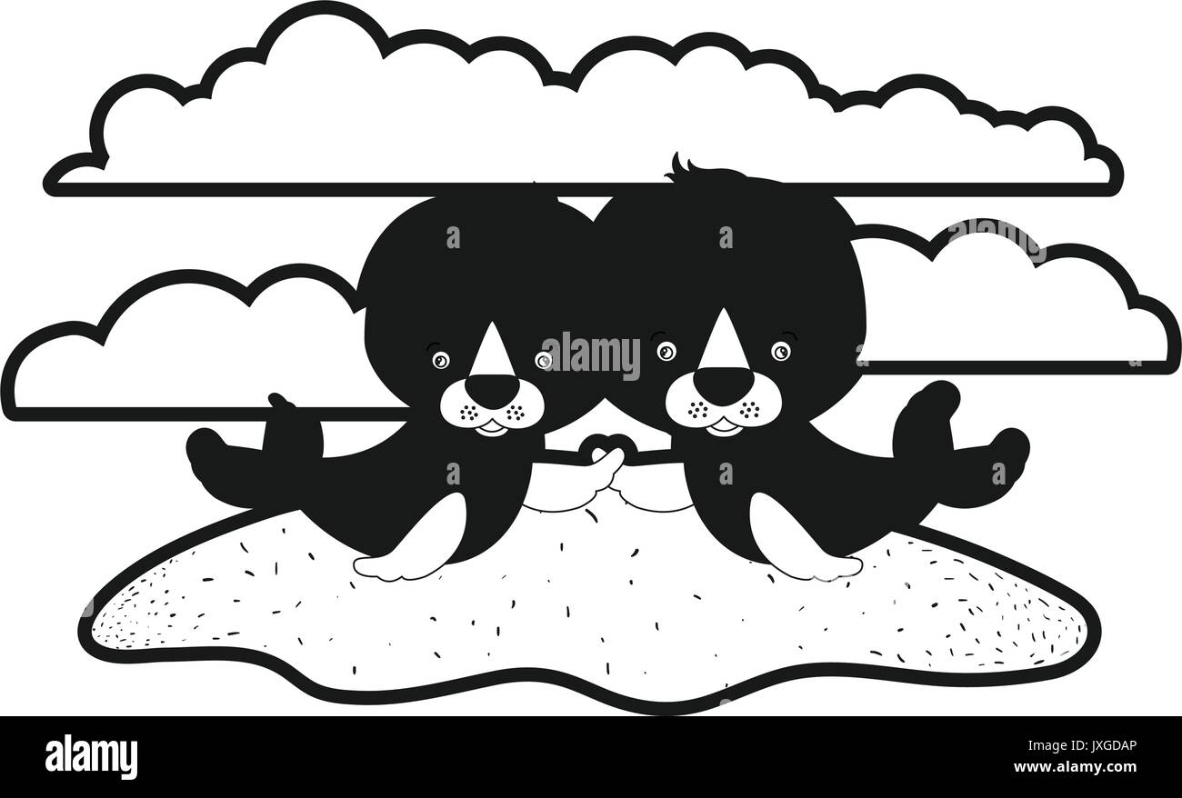 Schizzo silhouette scena monocromatica giovane carino guarnizioni animali acquatici in erba Illustrazione Vettoriale