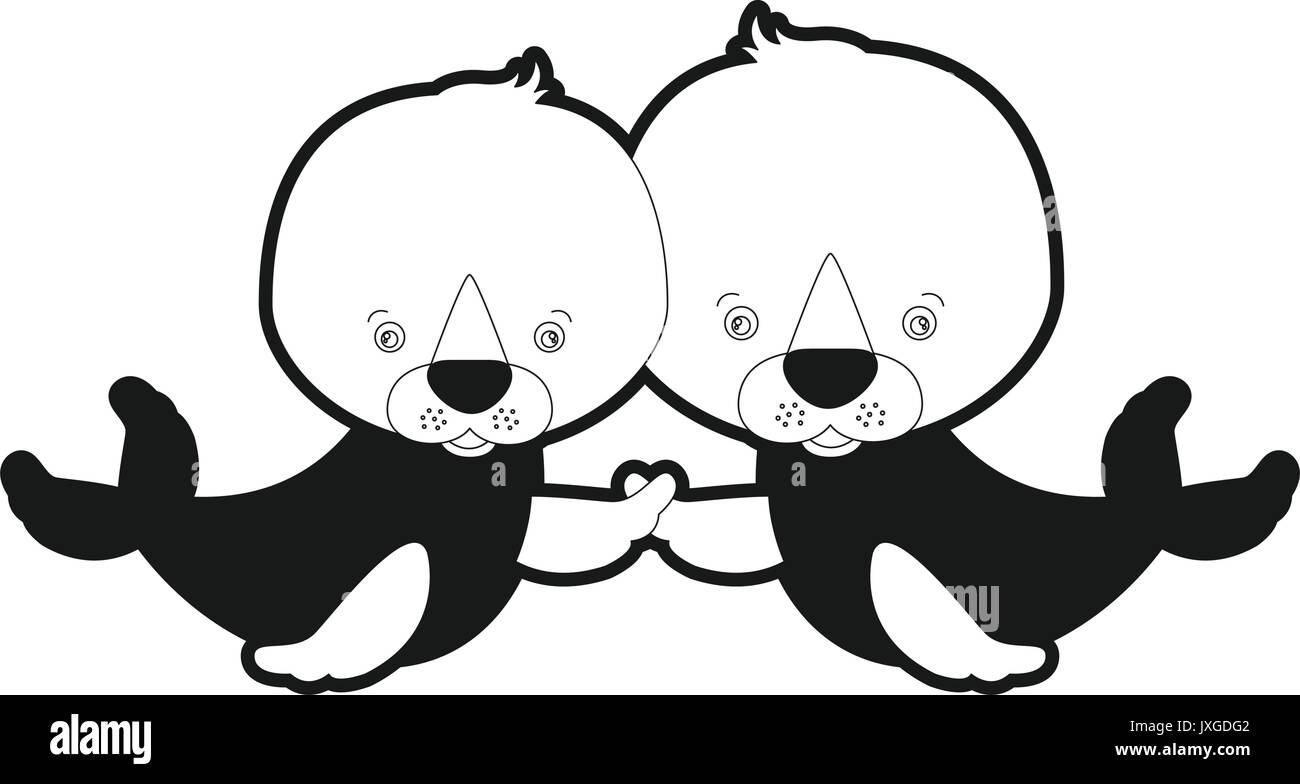 Schizzo silhouette caricatura monocromatica giovane graziosi animali acquatici delle guarnizioni Illustrazione Vettoriale