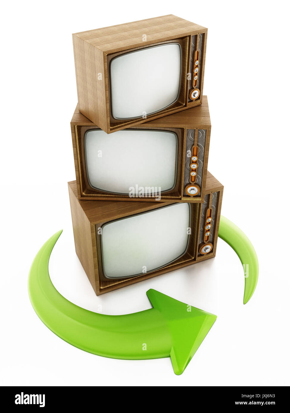 Verde frecce di rotazione intorno a televisori vintage. 3D'illustrazione. Foto Stock