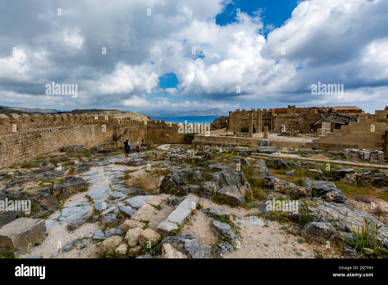 Il castello di Lindos Acropoli, Vista panoramica, Lindos, Rodi, Grecia Foto Stock