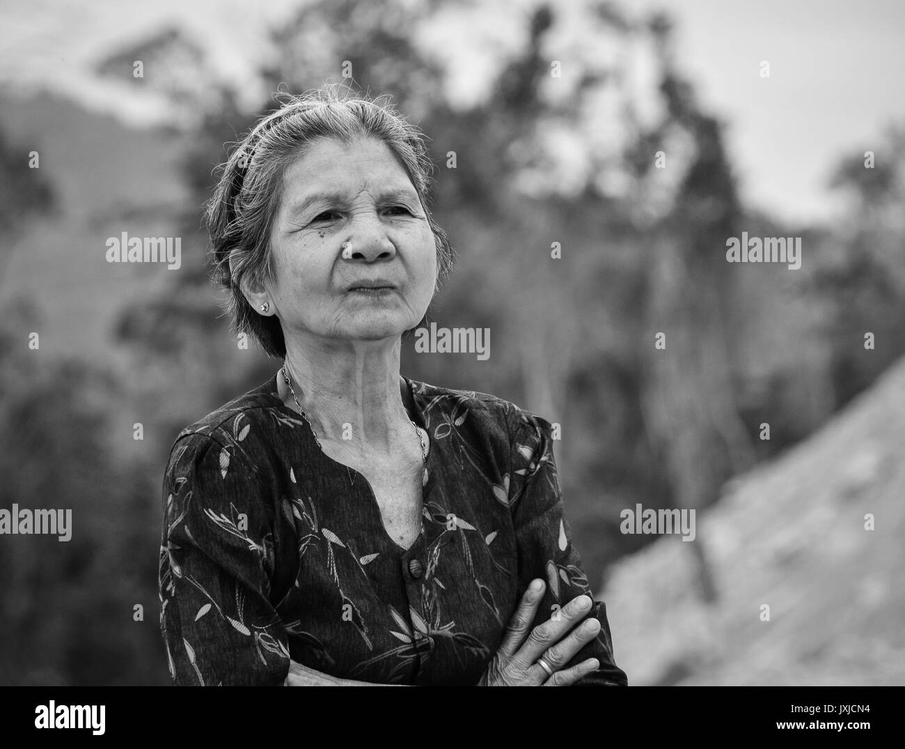 Kampot, Cambogia - Dic 31, 2011. Ritratto di una vecchia donna cambogiano in campagna in Kampot, Cambogia. Kampot è una piccola città nel sud-est della Cambogia. Foto Stock