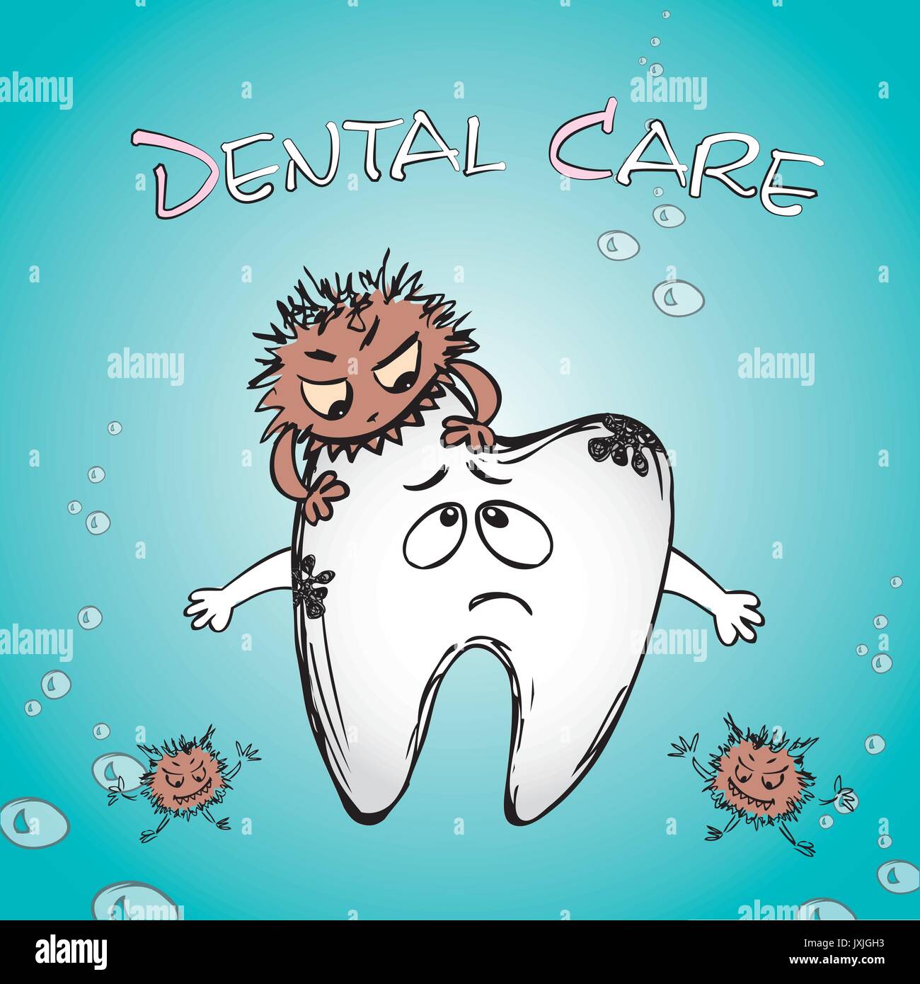 Cartoon dente malato con batteri, disegnati a mano vector Illustrazione Vettoriale
