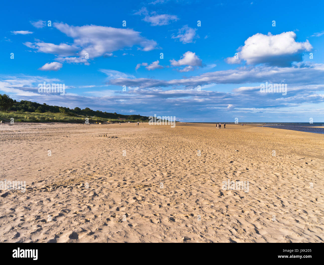 Dh Alnmouth beach ALNMOUTH NORTHUMBERLAND persone spiaggia di sabbia Northumbria serata estiva spiaggia blue sky costa Foto Stock
