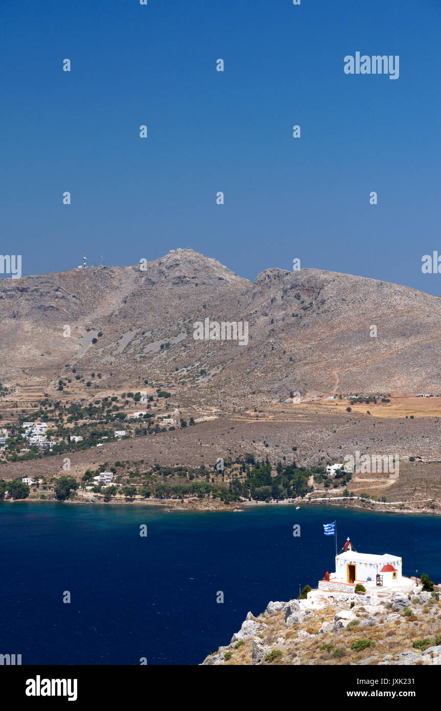 Vista di Panteli dal Castello Panteli, LEROS, DODECANNESO isole, Grecia. Foto Stock