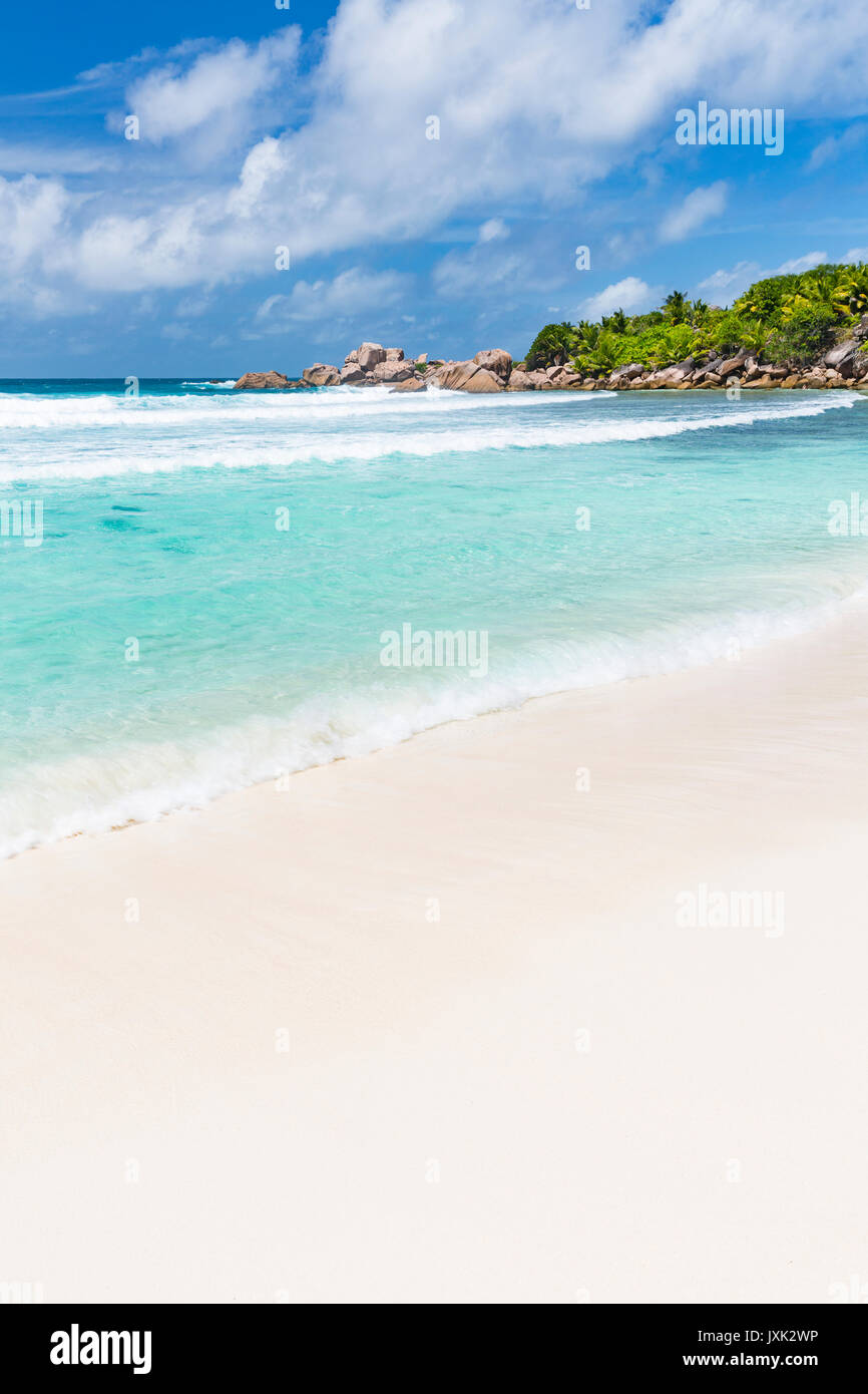 Una perfetta spiaggia bianca di Anse Cocos di La Digue, Seicelle con palme e acqua color smeraldo Foto Stock