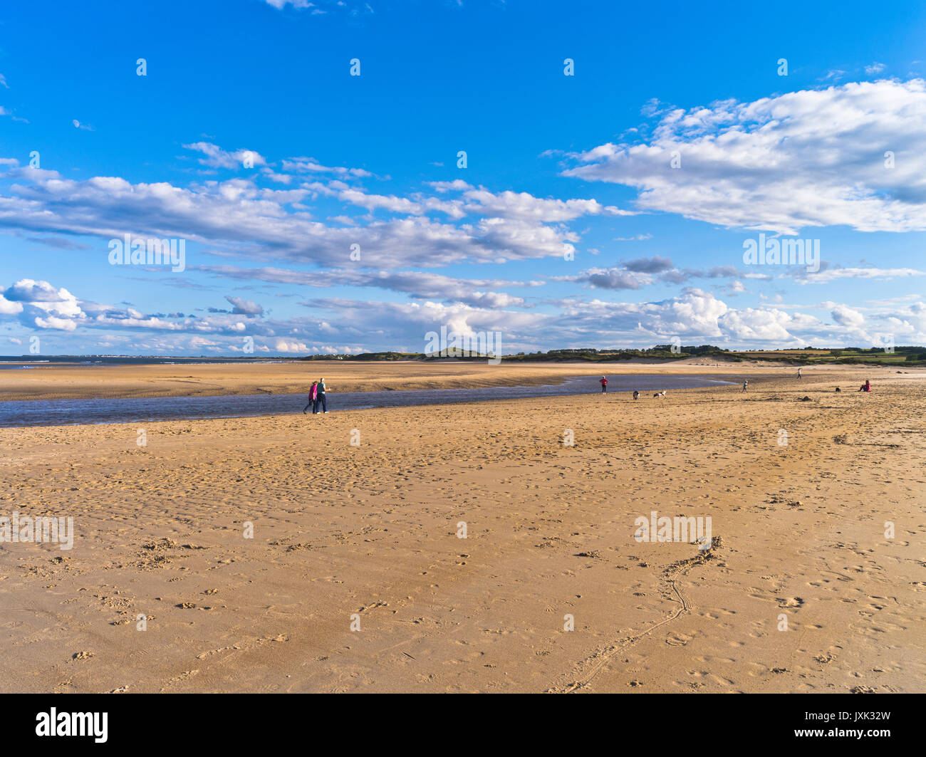 dh Alnmouth spiaggia ALNMOUTH NORTHUMBERLAND persone camminando spiaggia di sabbia a nord Northumbria estate sera spiaggia blu cielo baia escursionisti costa Foto Stock