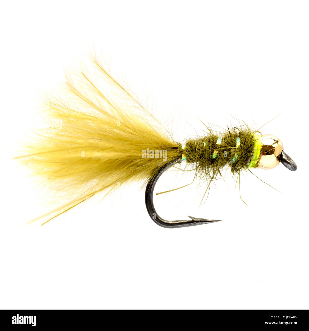 Gold fanciulla testa Fly - ben noto la trota arcobaleno fly o esca per la pesca con la mosca. Può essere utilizzato in laghi o fiumi. Questo volo imita una fanciulla naturale. Foto Stock