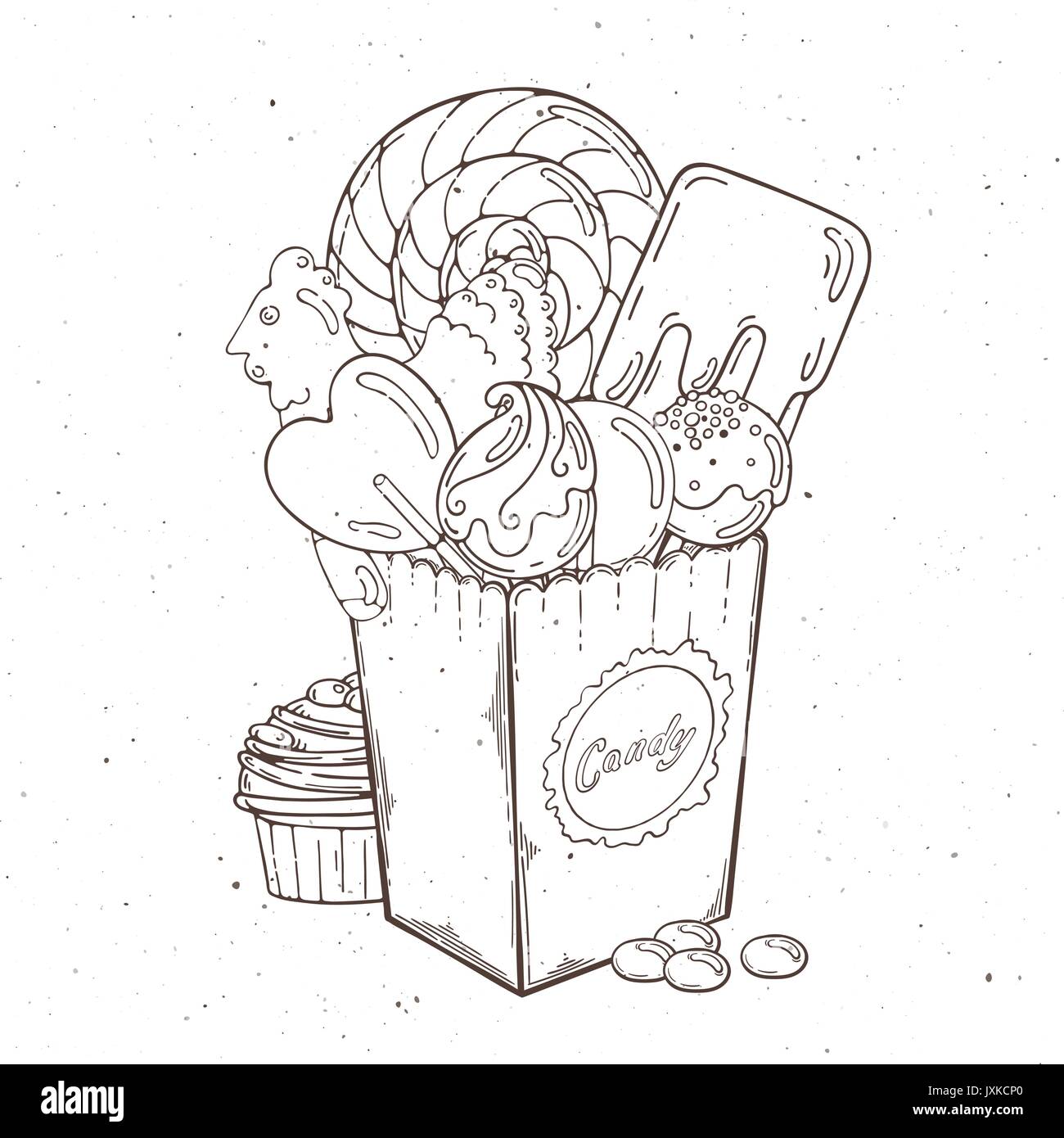 I dolciumi e caramelle in scatola di carta. Muffin al cioccolato e. Illustrazione Vettoriale Illustrazione Vettoriale