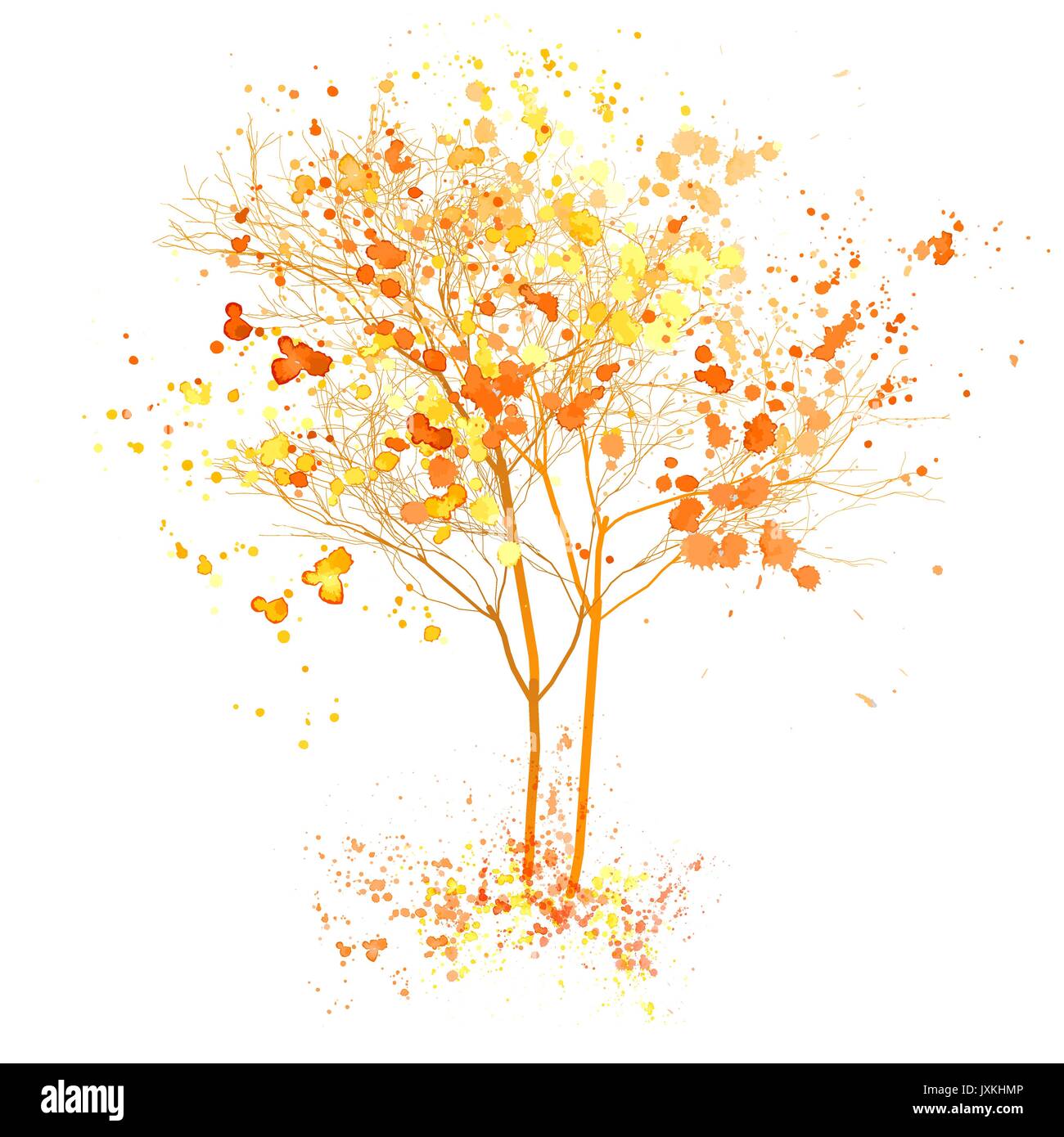 Autumn Tree acquerello illustrazione. Caduta albero con spruzzi d'arte Illustrazione Vettoriale