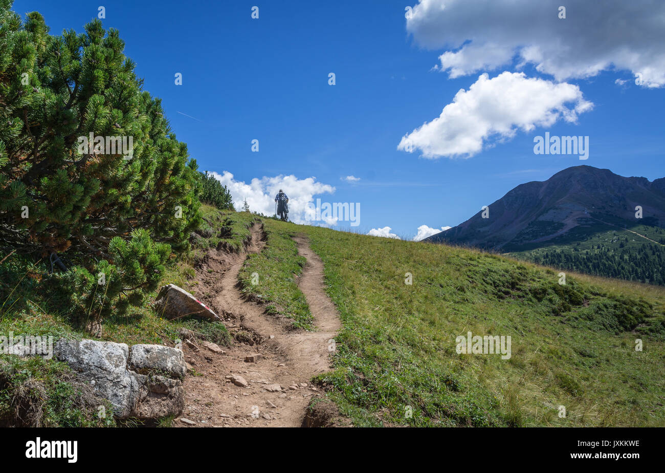 Traveler trekking a basso picco di picco del bianco in montagna Dolomiti, Alto Adige, Italia settentrionale Foto Stock