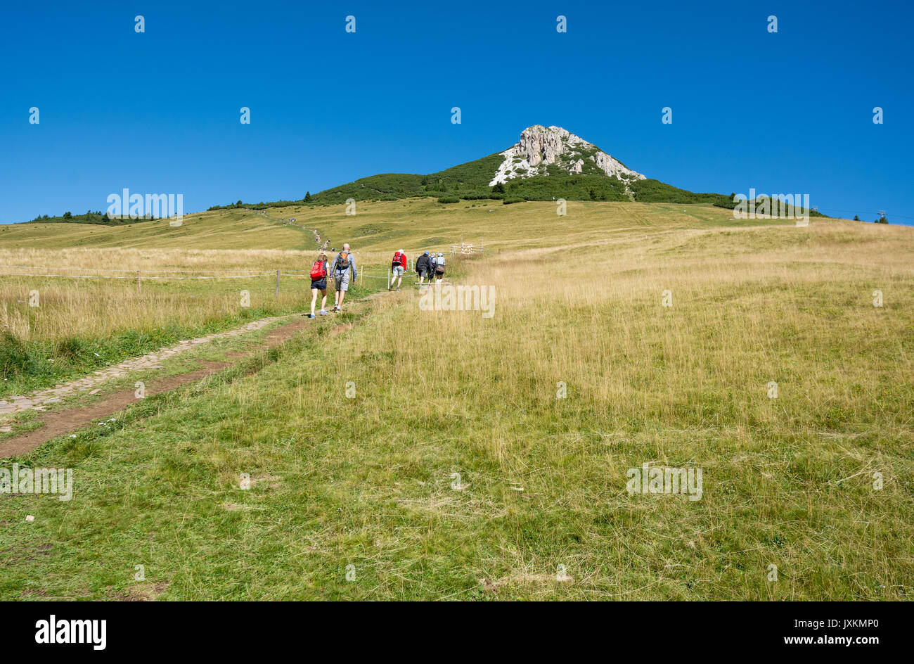 I viaggiatori trekking a basso picco di picco del bianco in montagna Dolomiti, Alto Adige, Italia settentrionale Foto Stock