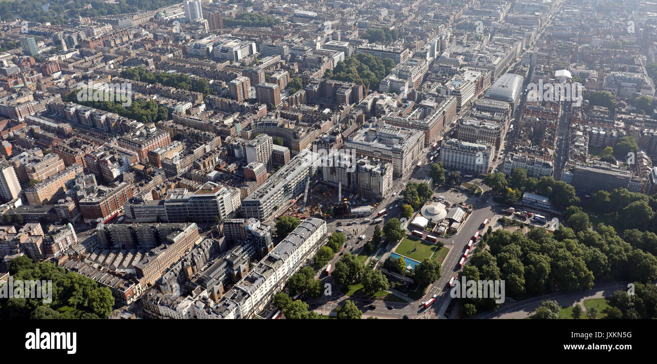 Vista aerea di Oxford Street, Marble Arch e Speakers Corner, Londra W2 Foto Stock