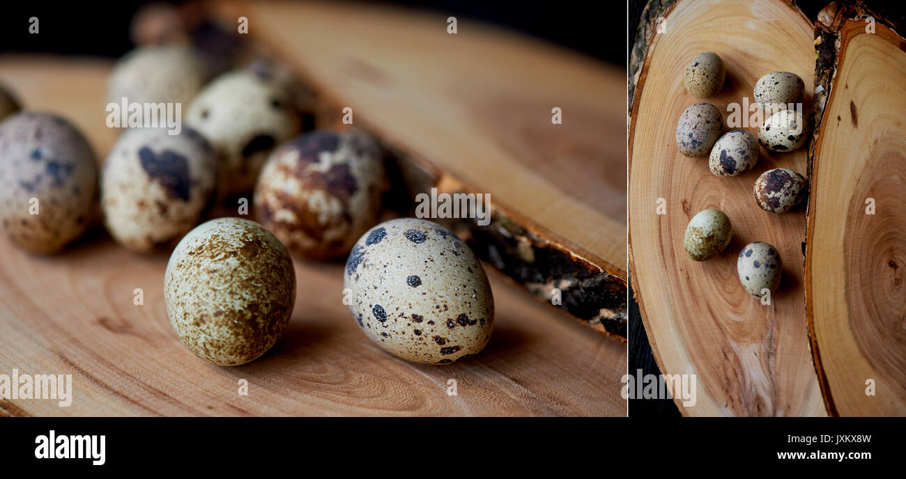 Uova di quaglia, fotografato in un semplice stile rustico.semplice gli alimenti ricchi di proteine. Foto Stock