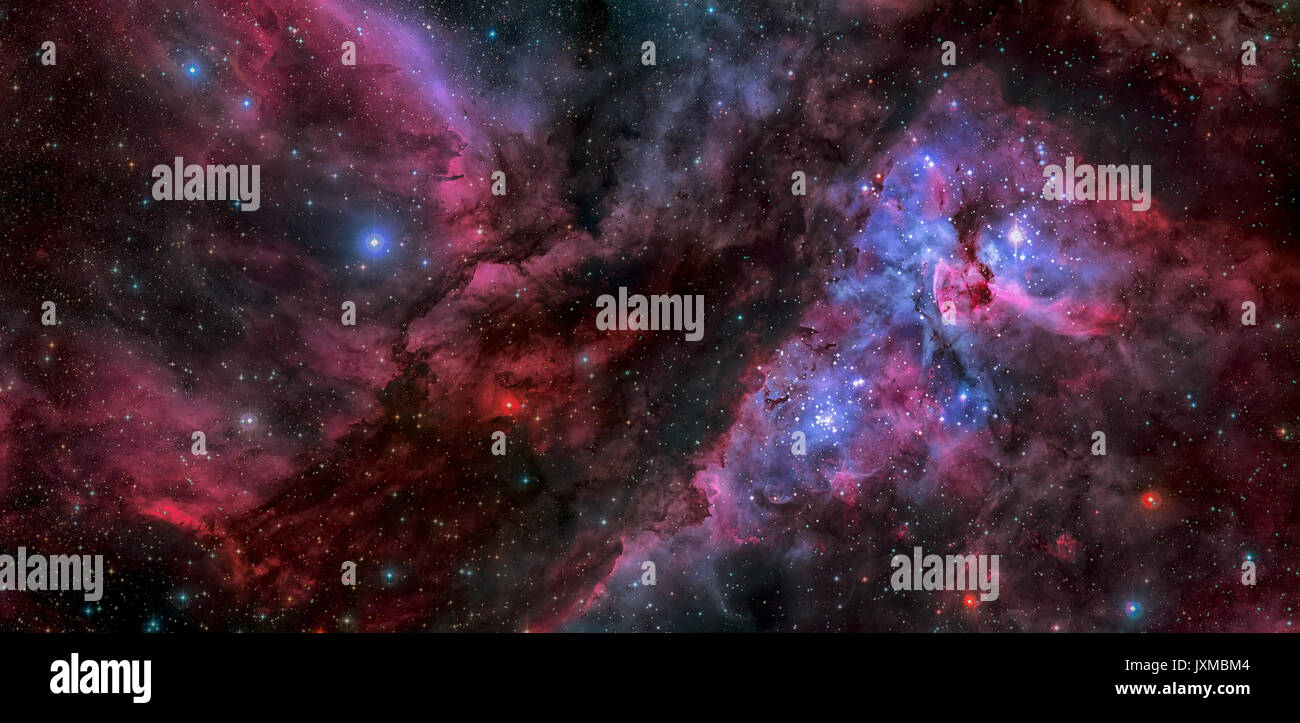 Questa spettacolare vista panoramica cof il Carina Nebula con un precedente immagine della regione intorno all'unica stella Eta Carinae nel cuore del neb Foto Stock
