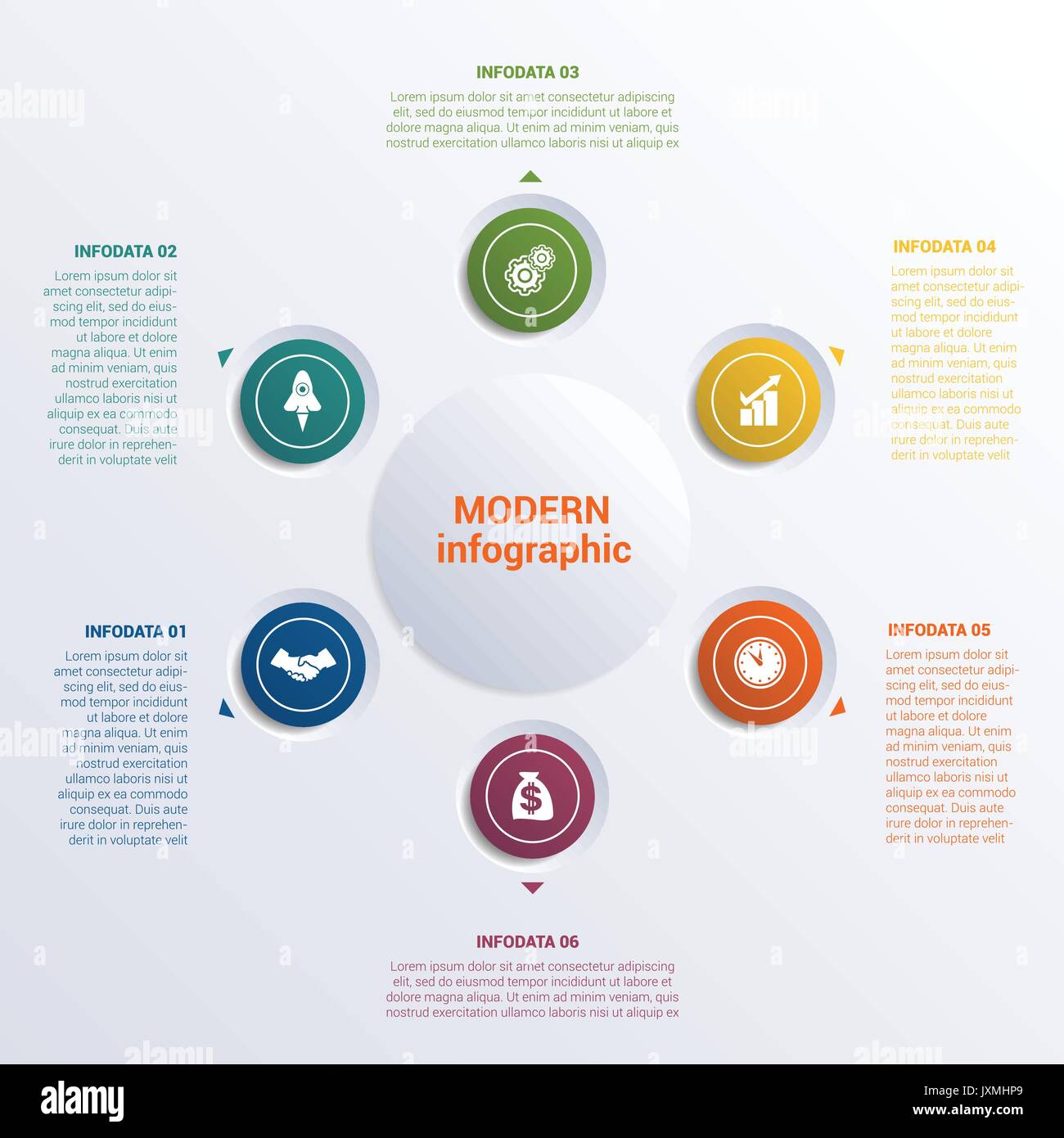 Infografico sei modello opzione banner cerchi quello che può essere utilizzato come presentazione aziendale,grafico, diagramma, tabella, layout di flusso di lavoro Illustrazione Vettoriale