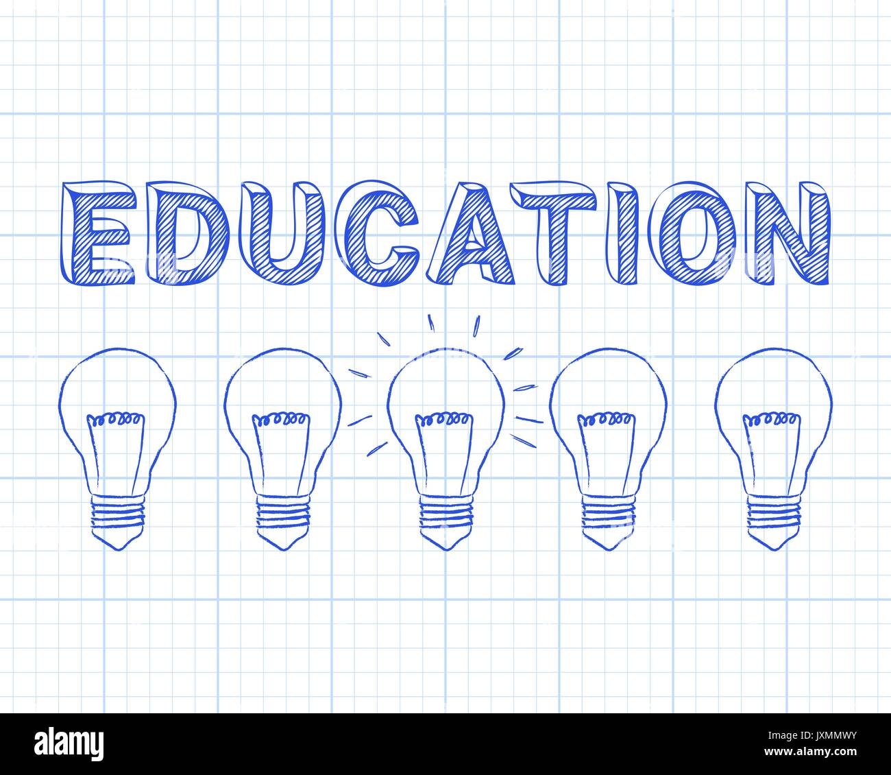 Disegnato a mano segno di educazione e lampadine sul grafico sfondo della carta Illustrazione Vettoriale