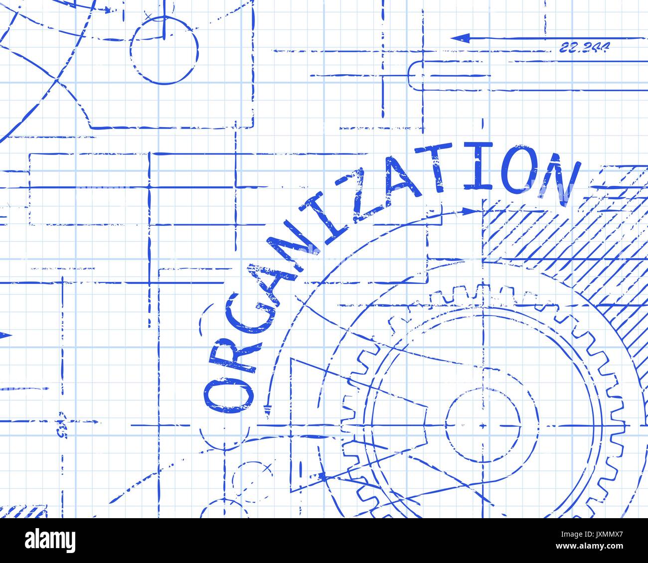 Organizzazione del testo con ruote dentate disegnata a mano su un foglio di carta millimetrata disegno tecnico sullo sfondo Illustrazione Vettoriale