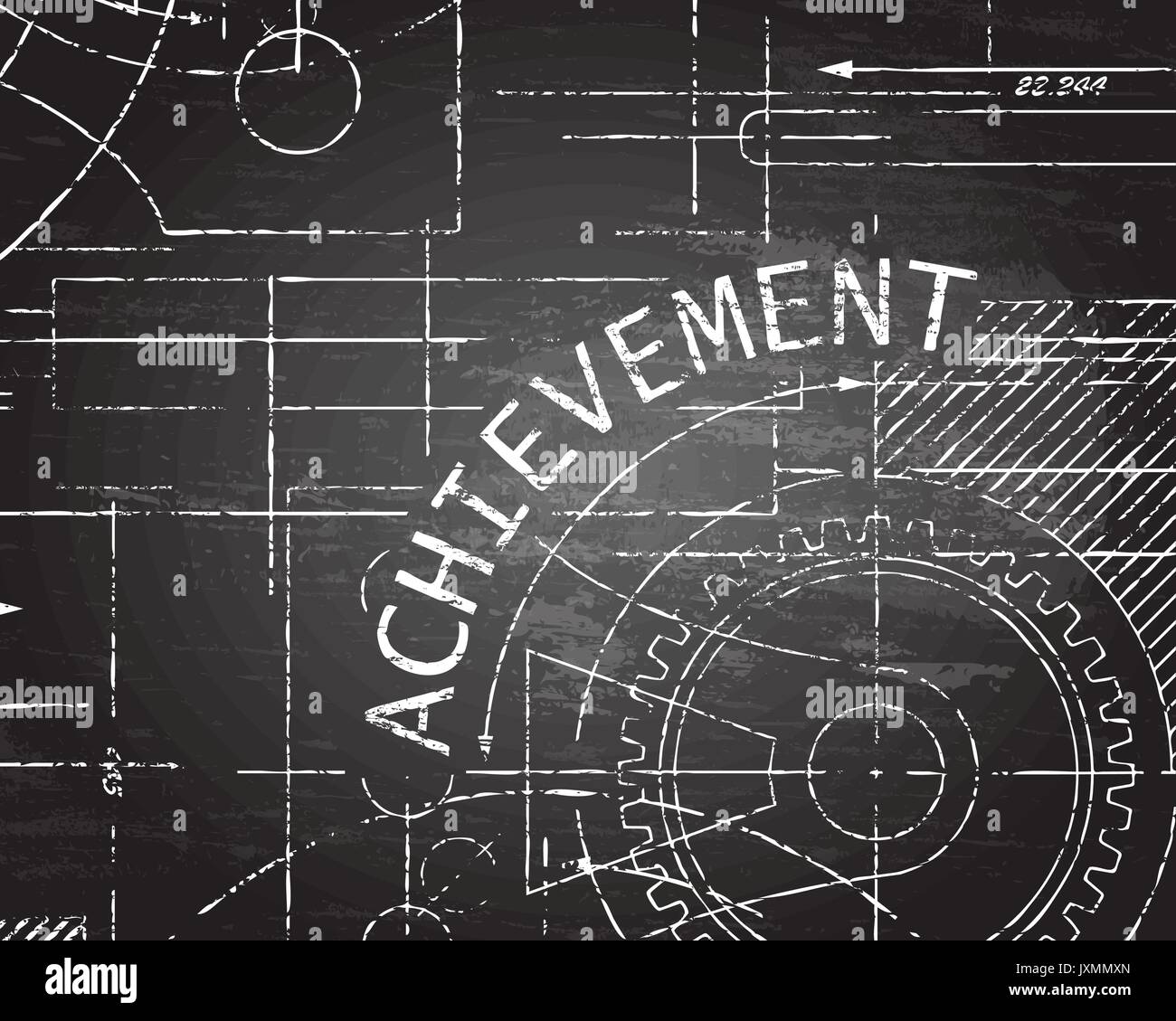 Raggiungimento del testo con ruote dentate disegnati a mano sulla lavagna il disegno tecnico sullo sfondo Illustrazione Vettoriale