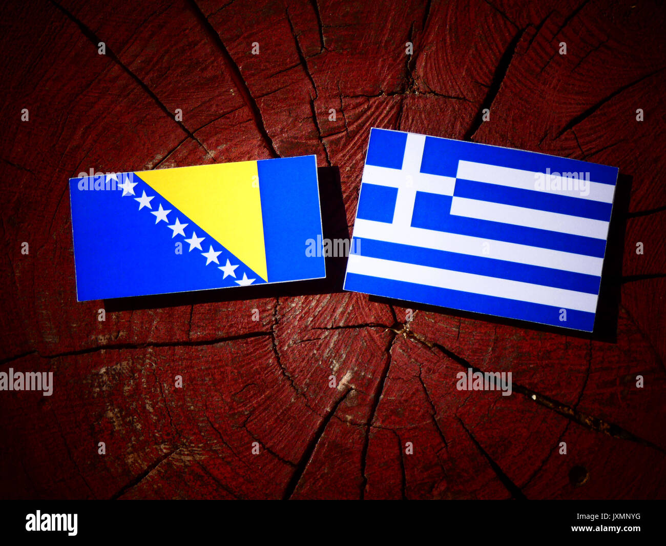 La Bosnia e Erzegovina bandiera con bandiera greca su un ceppo di albero isolato Foto Stock