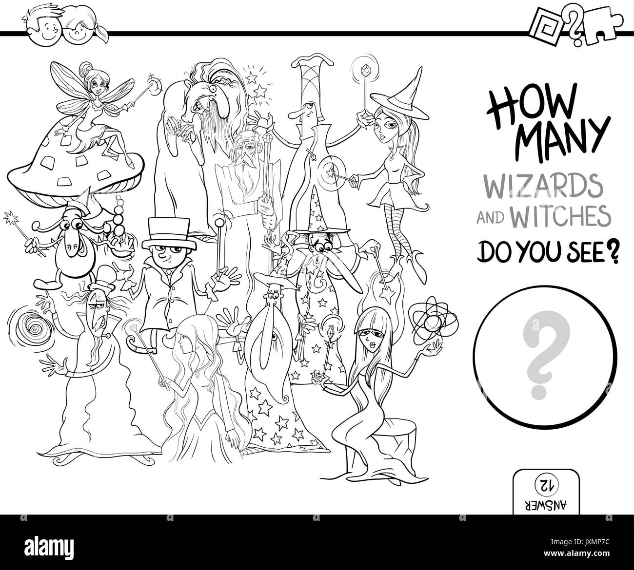 Bianco e Nero Cartoon illustrazione di Educational attività di conteggio gioco per bambini con maghi e streghe personaggi di fantasia nella pagina di colorazione Illustrazione Vettoriale