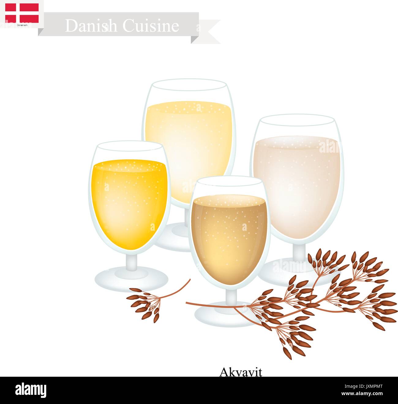 Cucina danese, akvavit o aquavit o liquore tradizionale aromatico con aromi di carvi o cumino Semi, limone o buccia di arancia, cardamomo, anice e Illustrazione Vettoriale