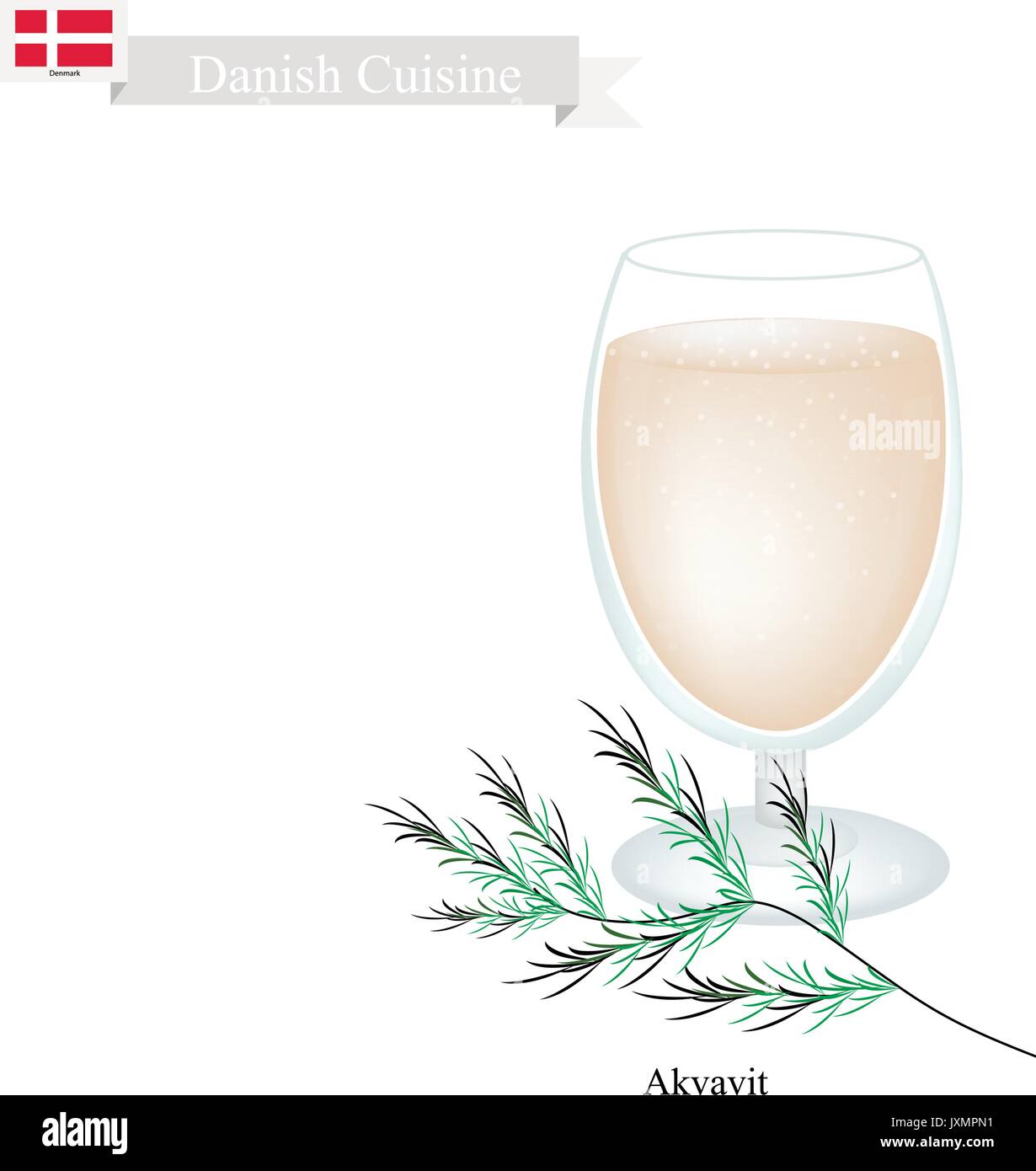 Cucina danese, akvavit o aquavit o liquore tradizionale aromatico con aromi di carvi o cumino Semi, limone o buccia di arancia, cardamomo, anice e Illustrazione Vettoriale