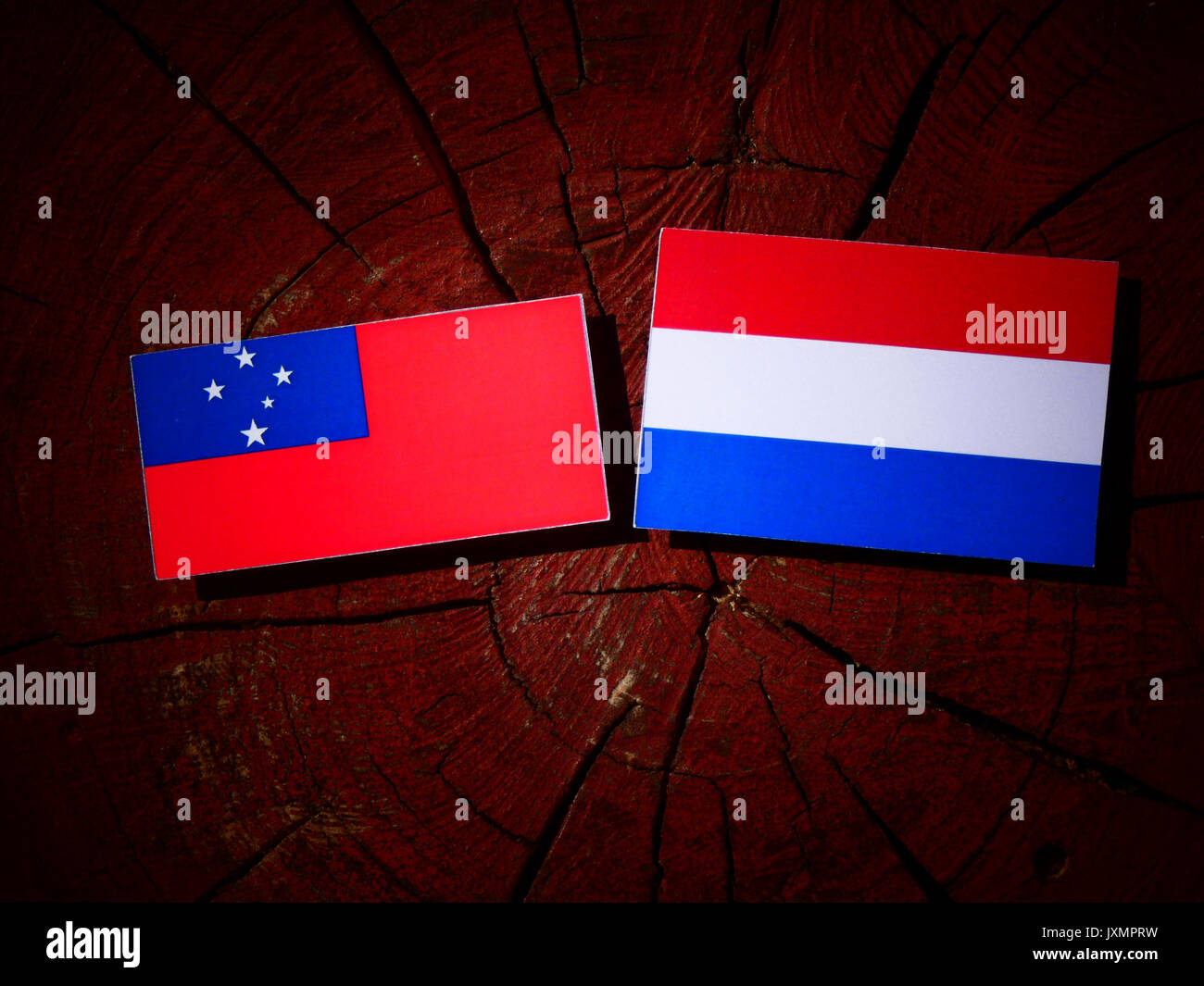 Samoa bandiera con bandiera olandese su un ceppo di albero isolato Foto Stock