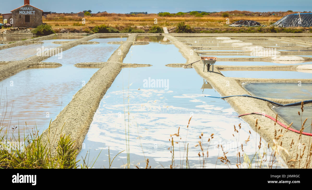 NOIRMOUTIER, Francia - Luglio 03, 2017 : piccolo negozio sul ciglio della strada dove si può comprare il sale raccolte direttamente nelle paludi saline Foto Stock
