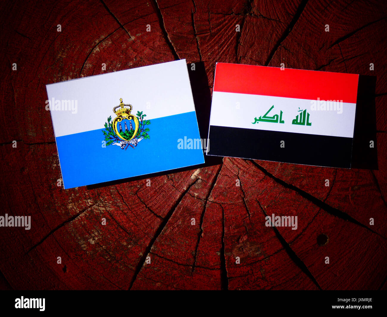 San Marino bandiera con bandiera irachena su un ceppo di albero isolato Foto Stock