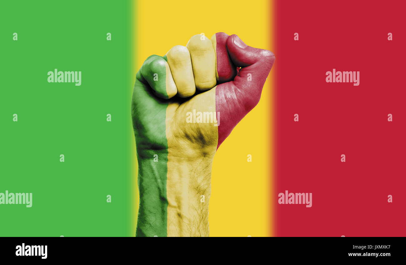 Mali bandiera dipinta su un pugno chiuso. Forza, potenza, concetto di protesta Foto Stock