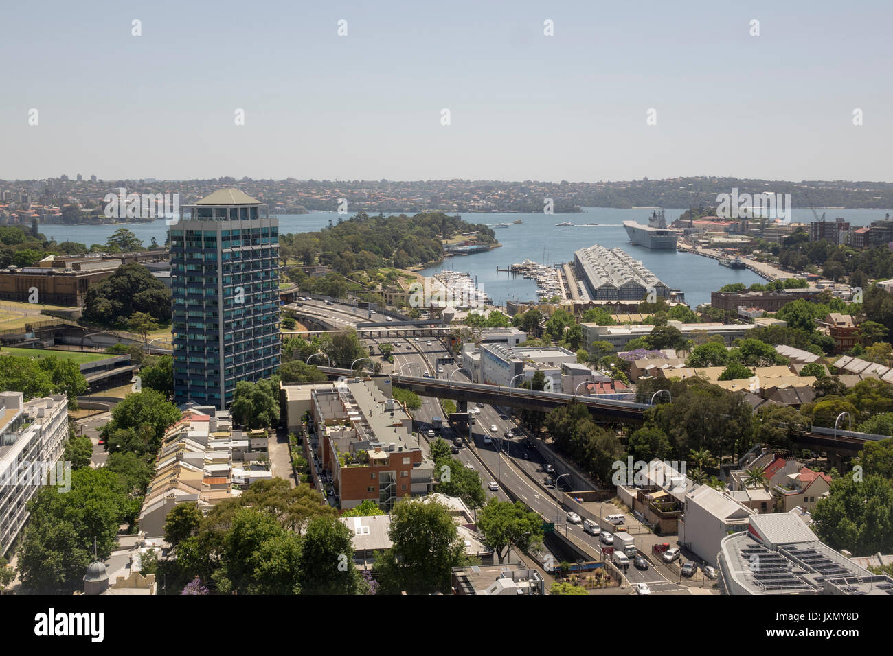 Vista aerea di Woolloomooloo Bay e Finger Wharf Sydney Australia Una città interna sobborgo di Sydney, Nuovo Galles del Sud Foto Stock