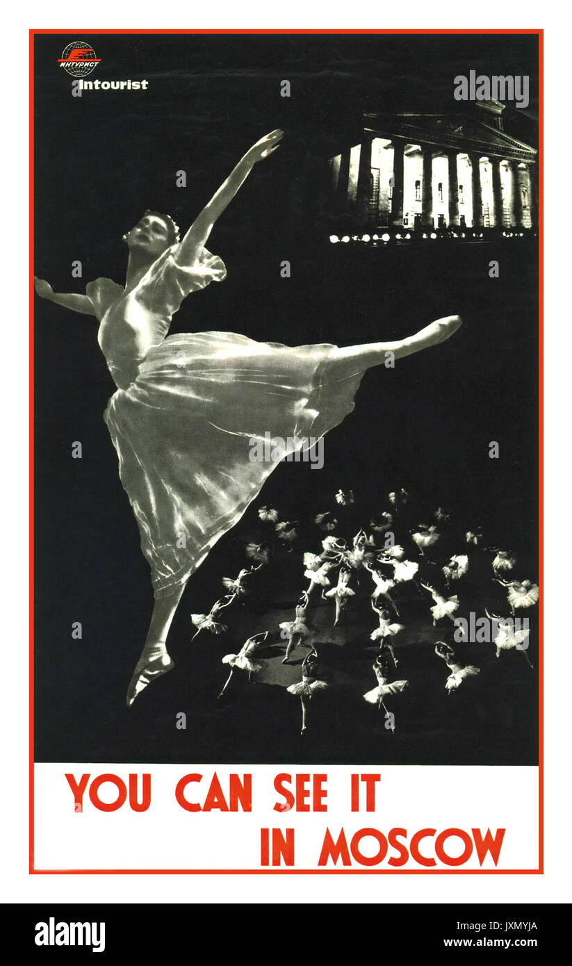 Anni Cinquanta Dancing Ballerina in aria nella corsa Vintage poster teatrali, "si può vedere a Mosca' Unione Sovietica Foto Stock