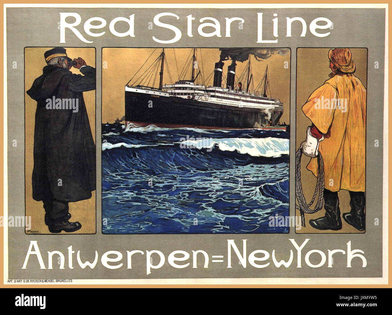 L'annata 1908 belga di crociera nave poster pubblicitari ocean liner viaggiare su Red Star Line Antwerp-New York 1908. Foto Stock