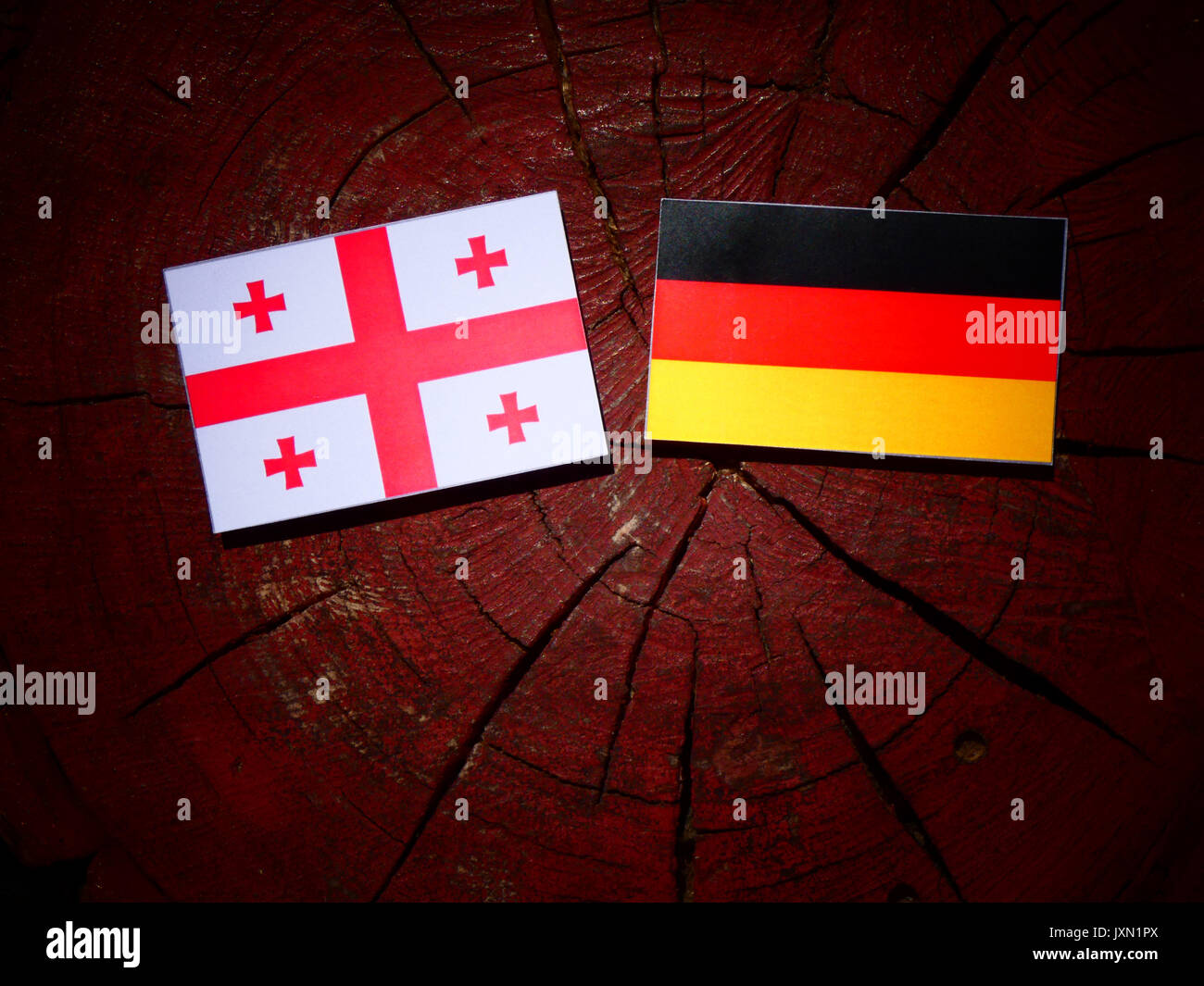 Bandiera georgiana con bandiera tedesca su un ceppo di albero isolato Foto Stock
