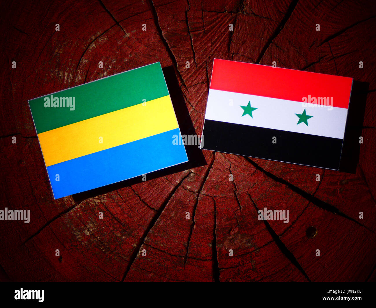 Il Gabon bandiera con bandiera siriana su un ceppo di albero isolato Foto Stock