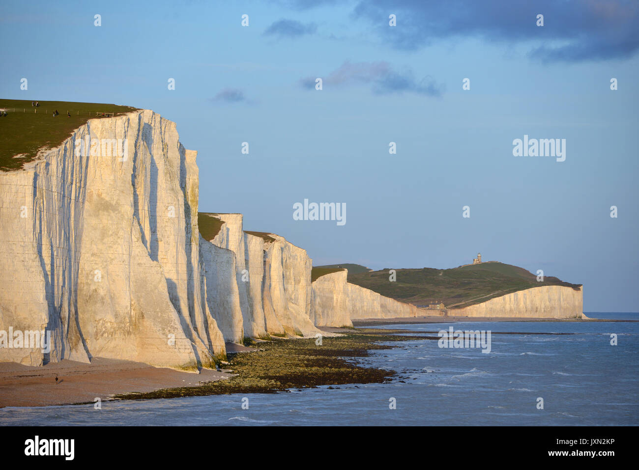 Sette sorelle chalk cliffs al tramonto. Foto Stock