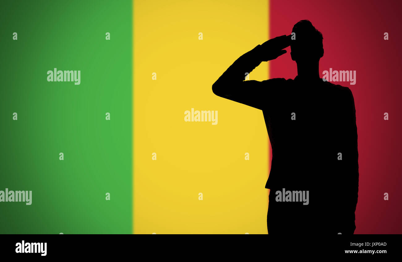 Silhouette di un soldato salutando contro i mali bandiera Foto Stock