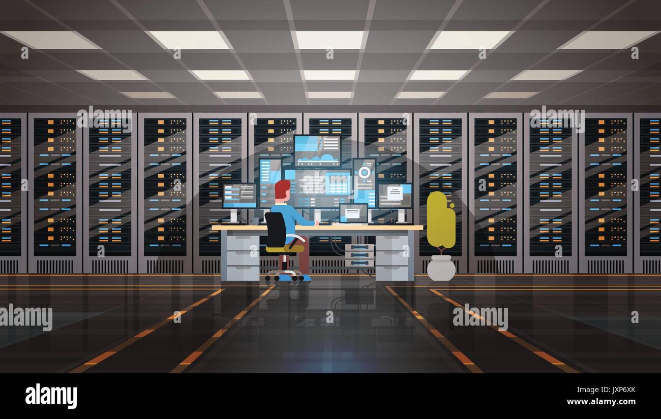 Uomo al lavoro nel centro dati sala server di hosting computer di monitoraggio del database di informazioni Illustrazione Vettoriale
