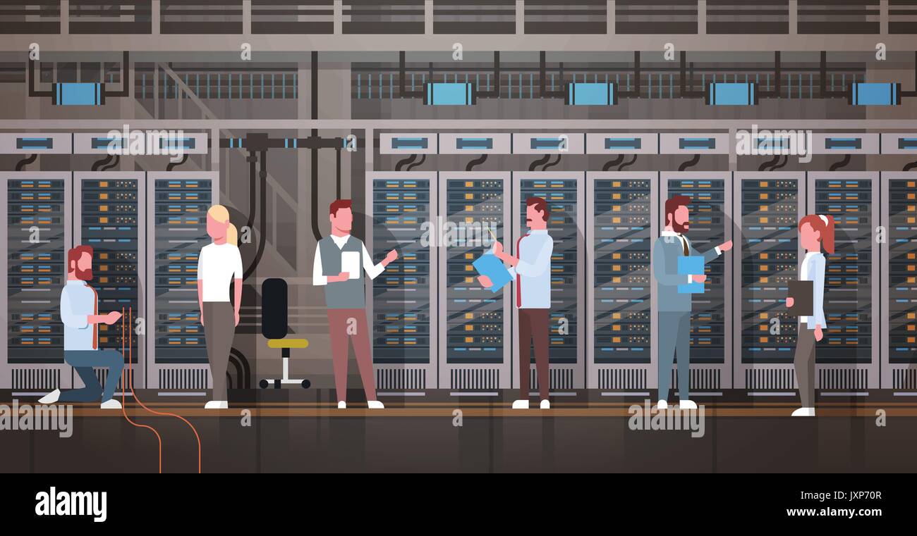 Le persone che lavorano nel centro dati sala server di hosting computer di monitoraggio del database di informazioni Illustrazione Vettoriale