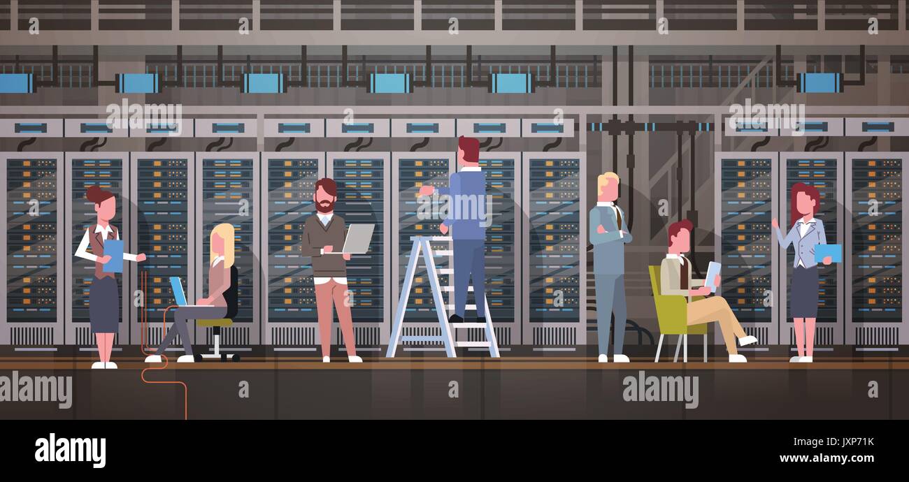 Le persone che lavorano nel centro dati sala server di hosting computer di monitoraggio del database di informazioni Illustrazione Vettoriale