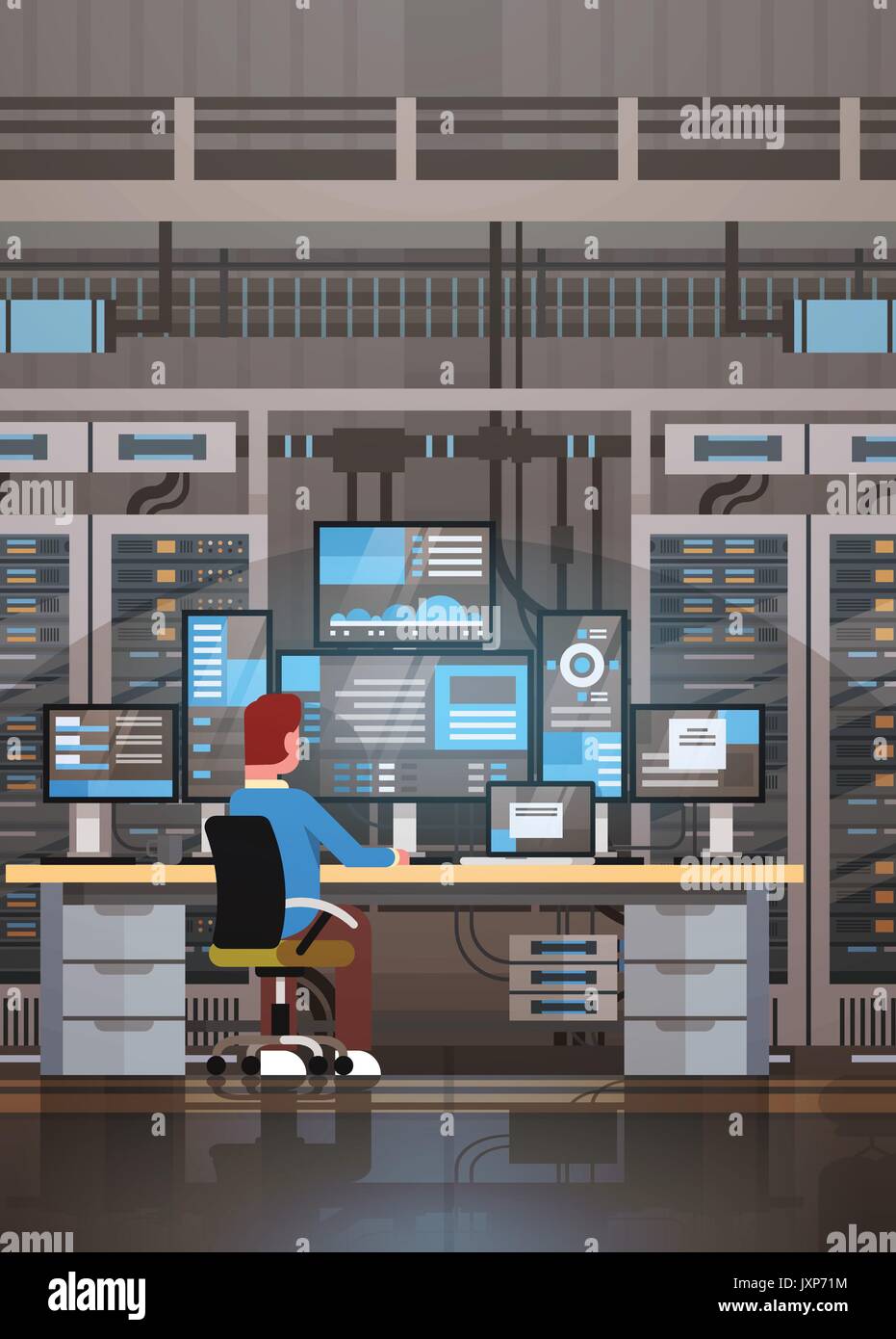 Uomo al lavoro nel centro dati sala server di hosting computer di monitoraggio del database di informazioni Illustrazione Vettoriale